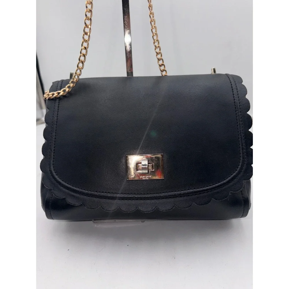 Kate Spade Black Scalloped Leather Crossbody Bag Gold Chain Strap Turn Lock